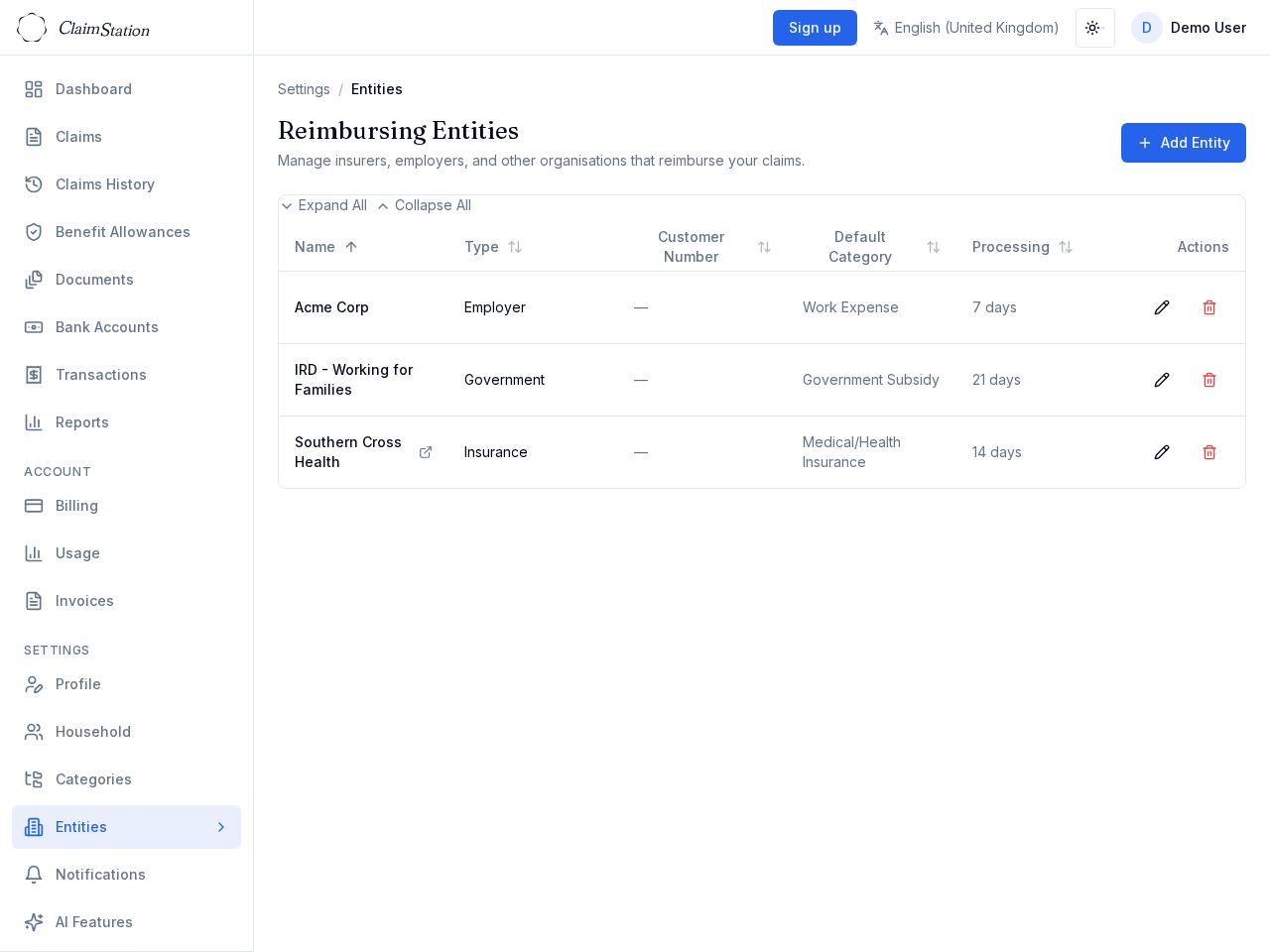 ClaimStation Settings Entities